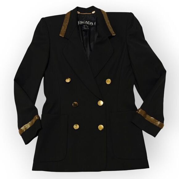 Vintage Escada Pure New Wool Dark Blue Blazer with Gold beaded Accents SZ 34 S - Picture 2 of 8